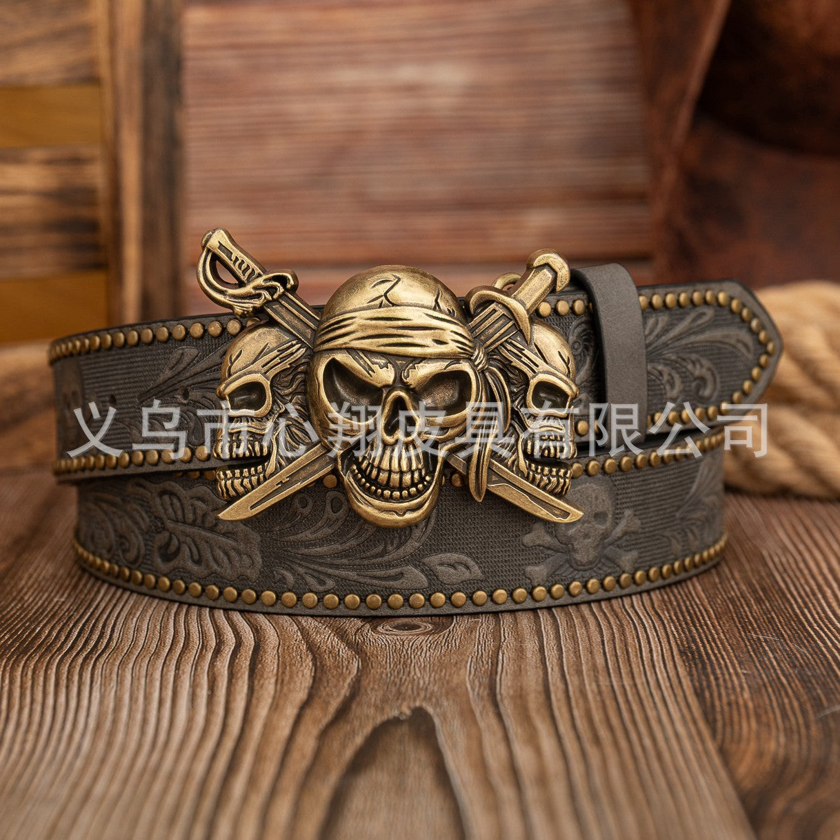 Wholesale Punk Double Swords Three Ghosts Buckle Retro Western Cowboy PU Leather Belt